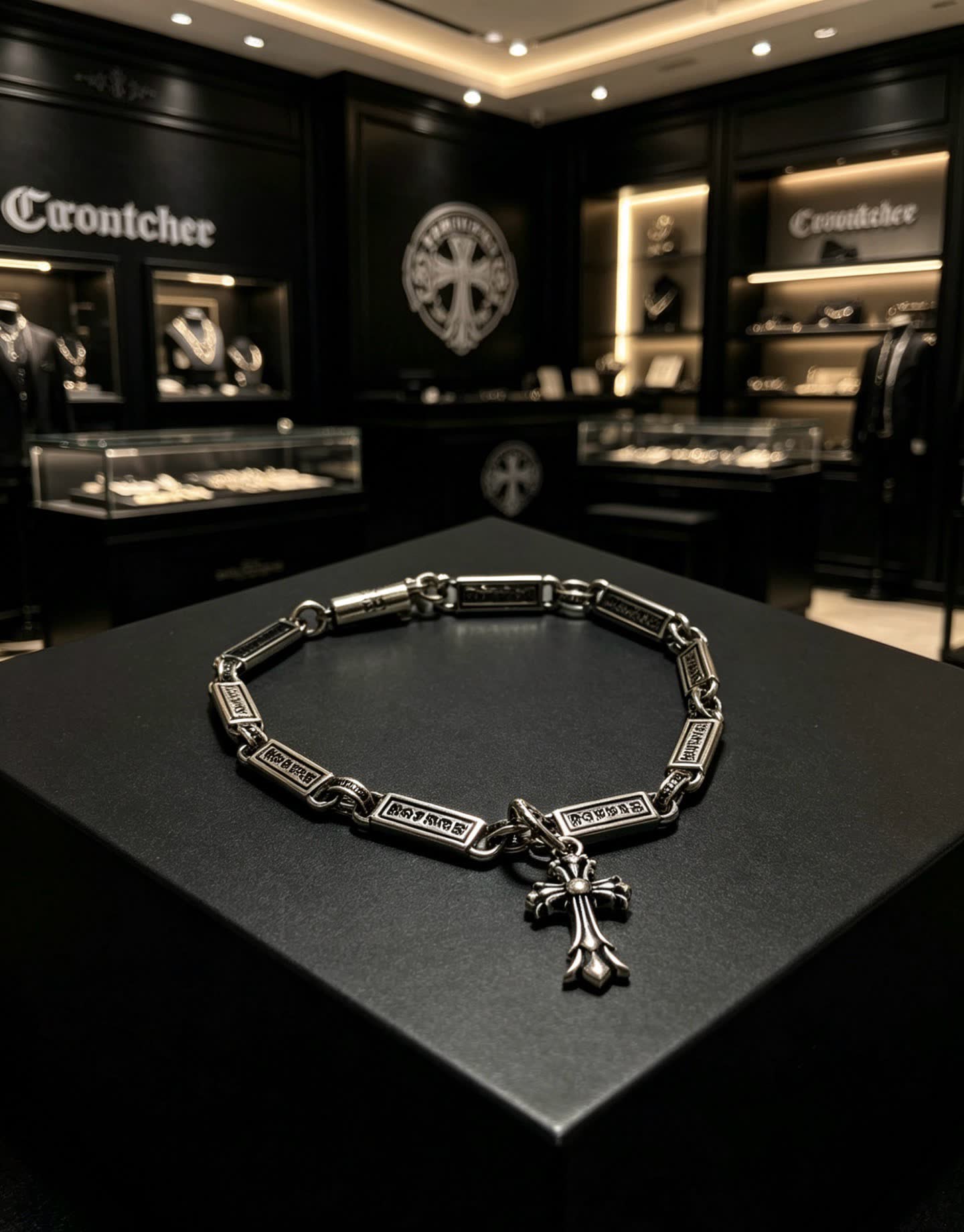 Chrome Hearts Silver Cross Charm Bracelet